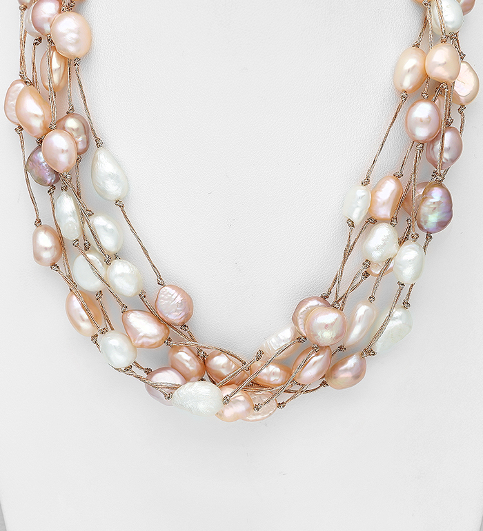 Wholesale Metallic base Metal and Metallic Yarn Necklace, Beaded with 8-10 mm Width Freshwater Pearls - SKU #727-4428