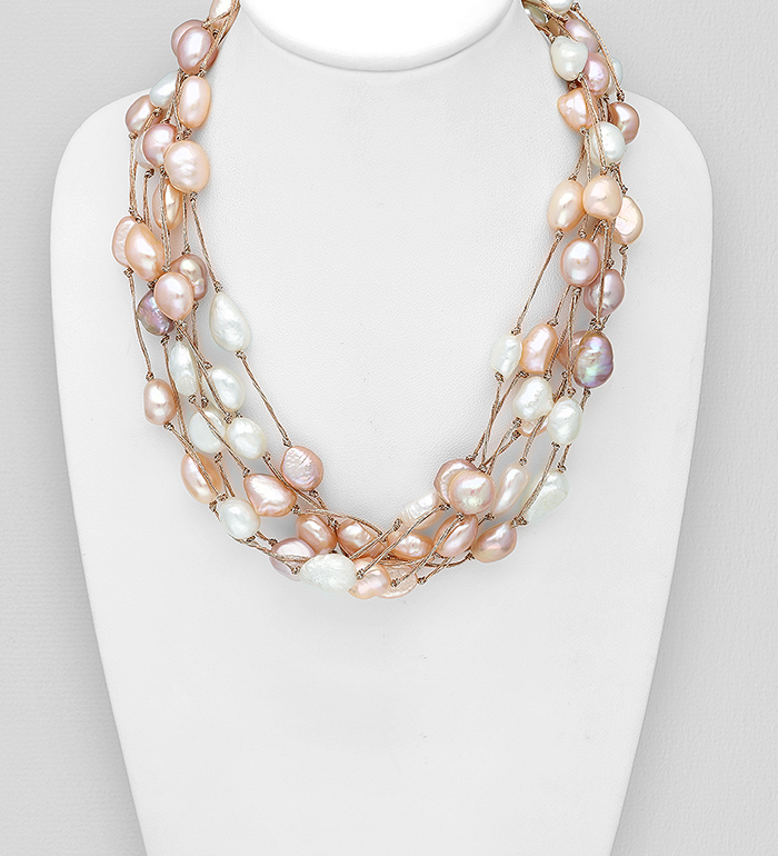 Wholesale Metallic base Metal and Metallic Yarn Necklace, Beaded with 8-10 mm Width Freshwater Pearls - SKU #727-4428