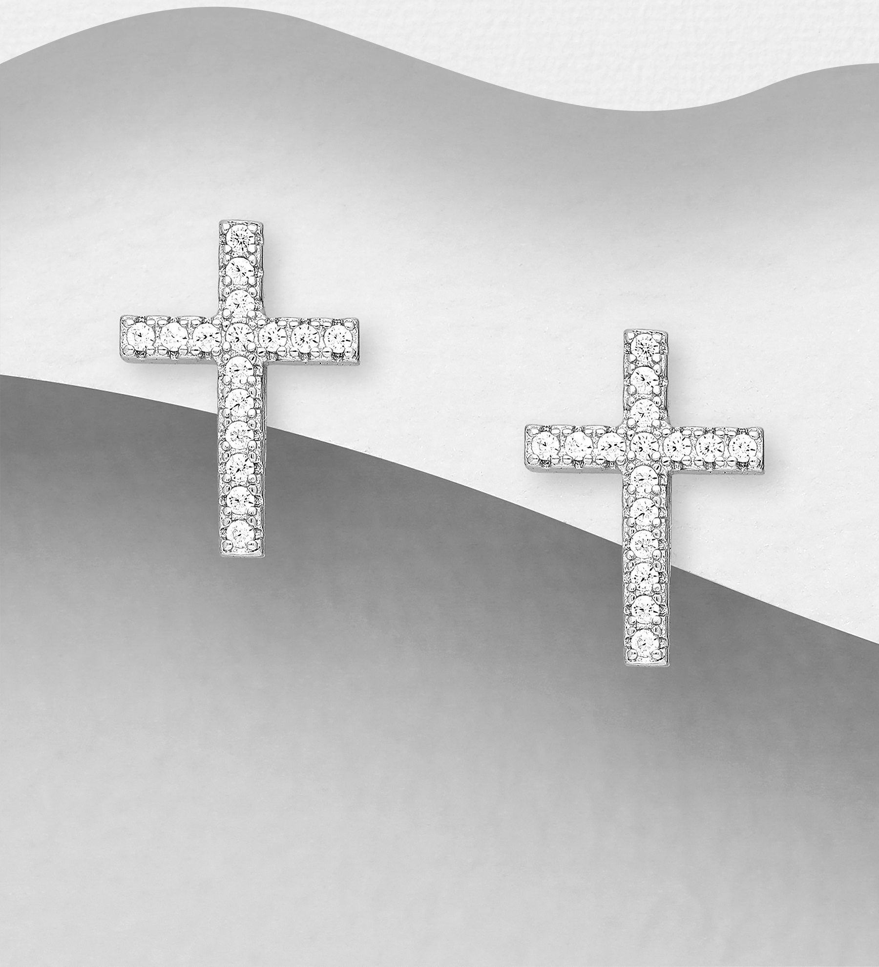 Wholesale 925 Sterling Silver Cross Push-Back Earrings, Decorated with CZ Simulated Diamonds - SKU #701-26540