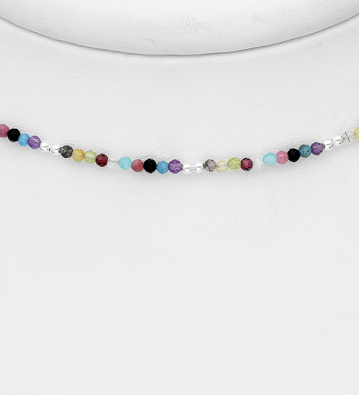 Wholesale 925 Sterling Silver Ball Choker, Beaded with Amazonite, Amethyst, Black Agate, Blue Apatite, Garnet, Peridot, Pink Tourmaline and Rainbow Moonstone - SKU #781-7016A