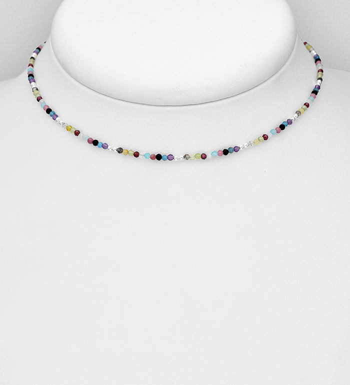 Wholesale 925 Sterling Silver Ball Choker, Beaded with Amazonite, Amethyst, Black Agate, Blue Apatite, Garnet, Peridot, Pink Tourmaline and Rainbow Moonstone - SKU #781-7016A