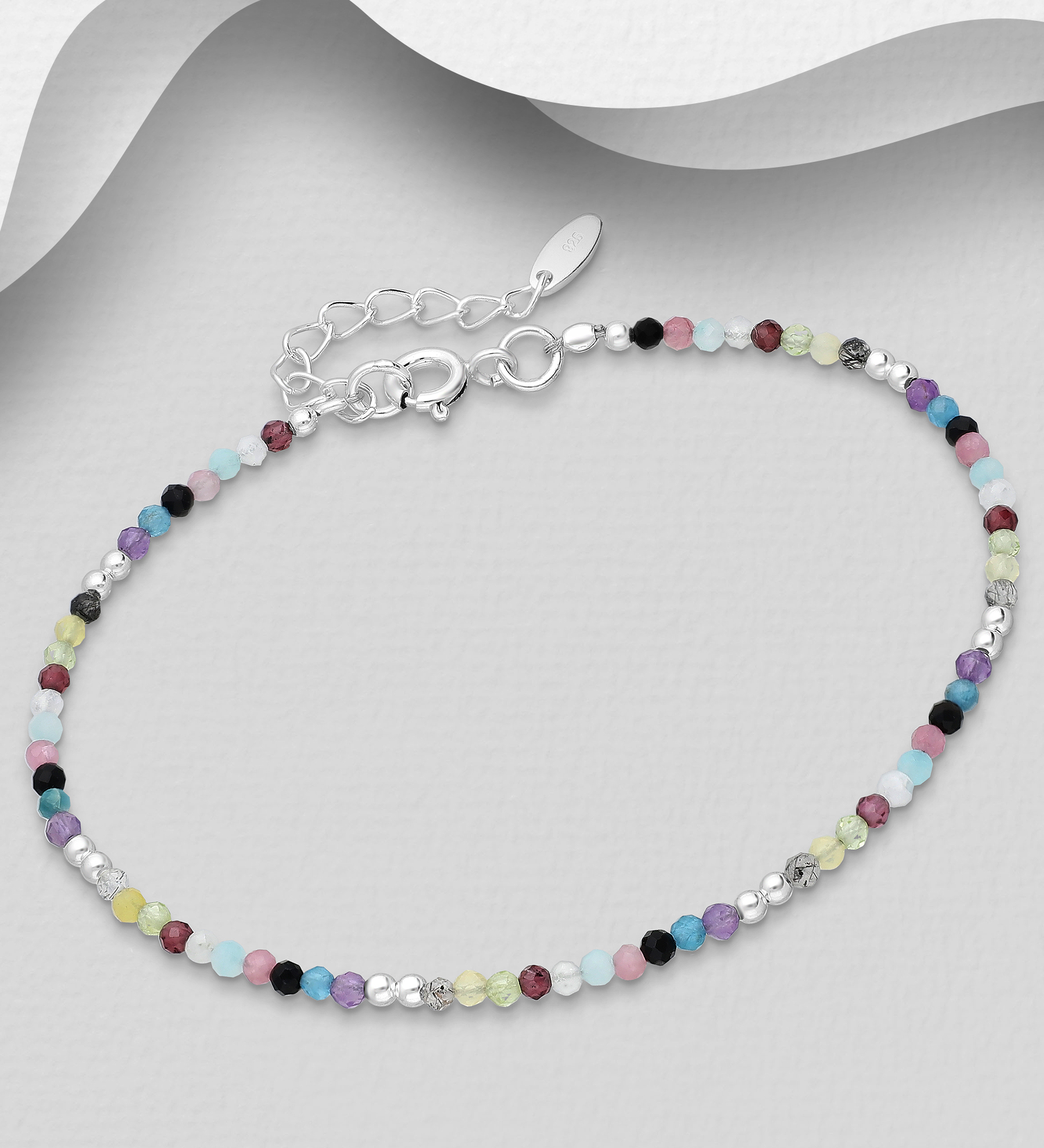 Wholesale 925 Sterling Silver Ball Bracelet, Beaded with Amazonite, Amethyst, Black Agate, Blue Apatite, Garnet, Peridot, Pink Tourmaline and Rainbow Moonstone - SKU #781-7017A