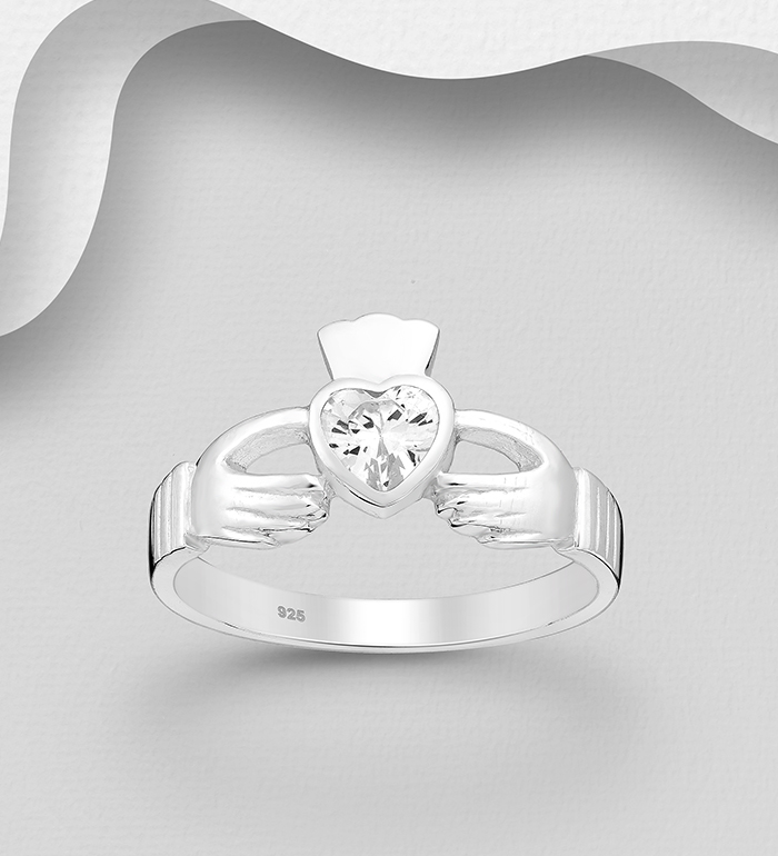 Wholesale 925 Sterling Silver Claddagh Ring, Decorated with CZ Simulated Diamonds - SKU #701-26579