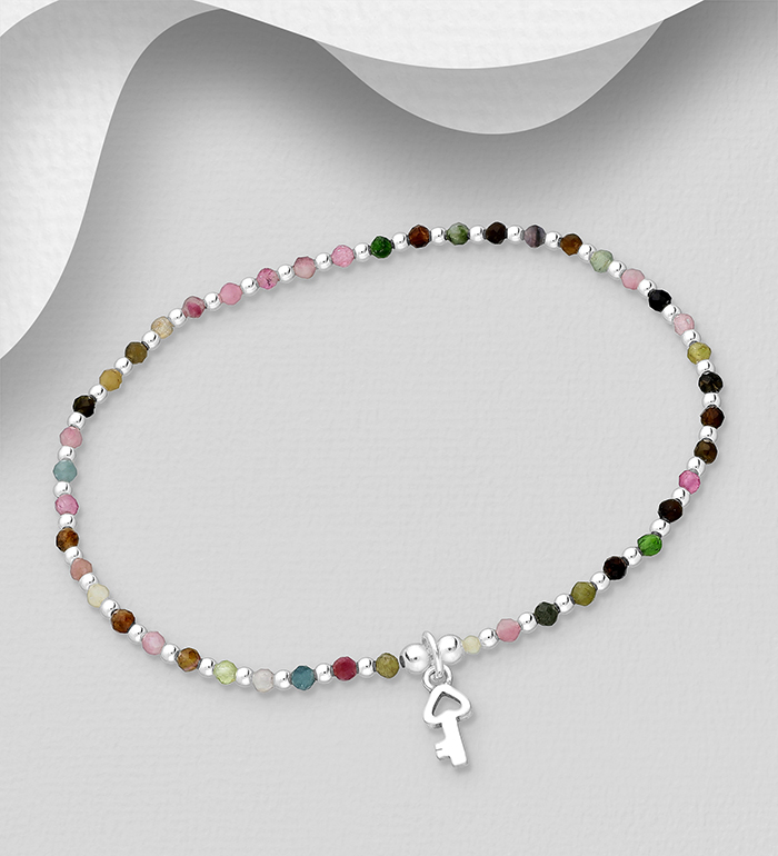 Wholesale 925 Sterling Silver Key Bracelet, Beaded with Tourmalines - SKU #781-7050
