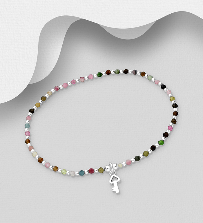 Wholesale 925 Sterling Silver Key Bracelet, Beaded with Tourmalines - SKU #781-7050