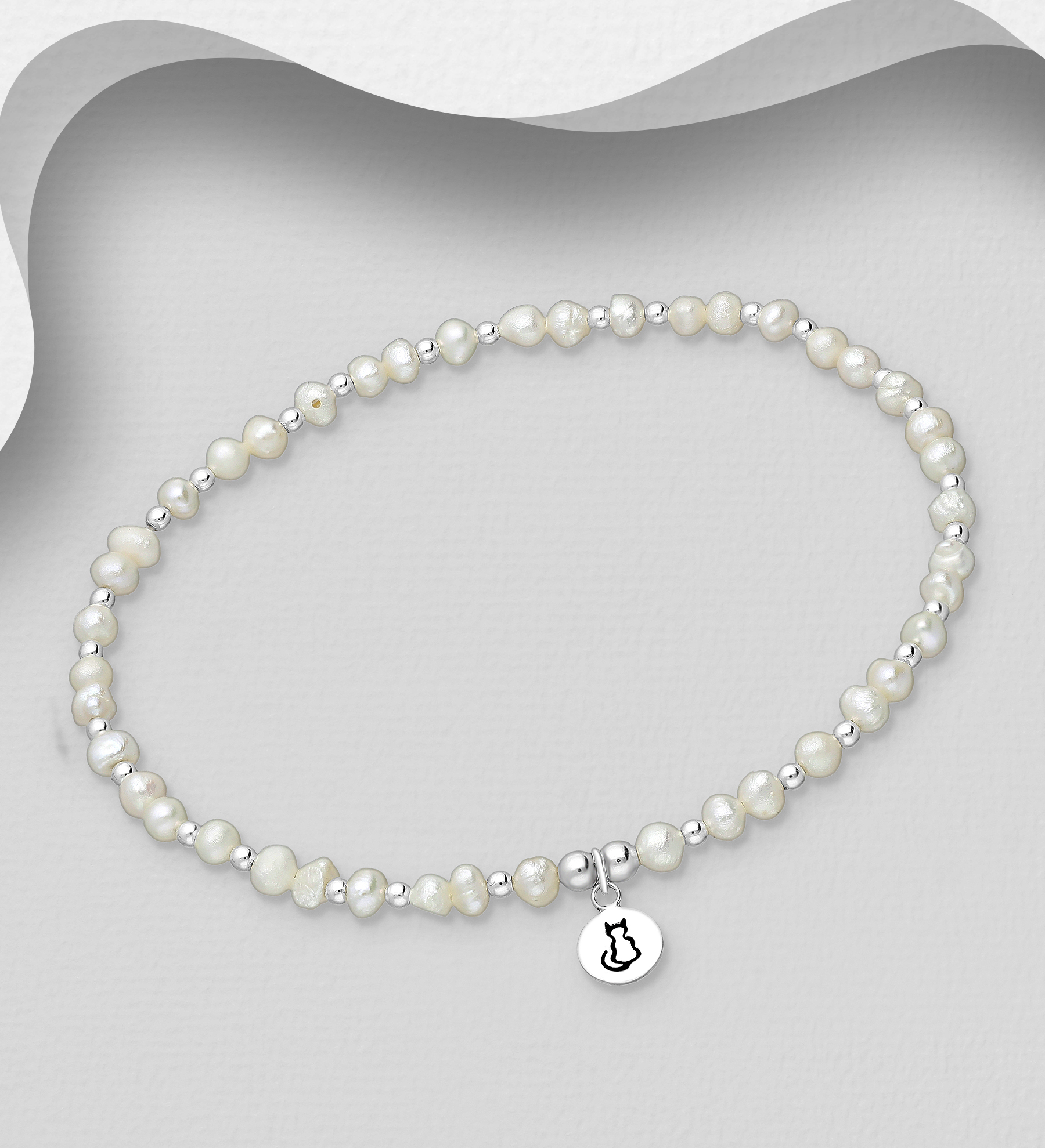 Wholesale 925 Sterling Silver Oxidized Cat Bracelet, Beaded with Freshwater Pearls, Shape and Size Will Vary. - SKU #382-5853