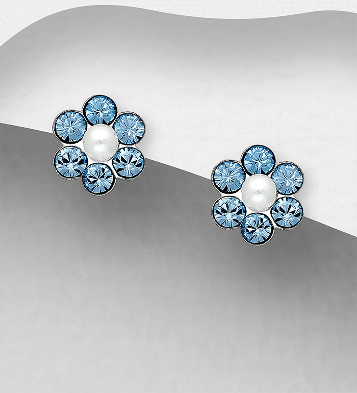 Wholesale 925 Sterling Silver Push-Back Earrings, Decorated with Crystal Glass and Simulated Pearls - SKU #1068-2018