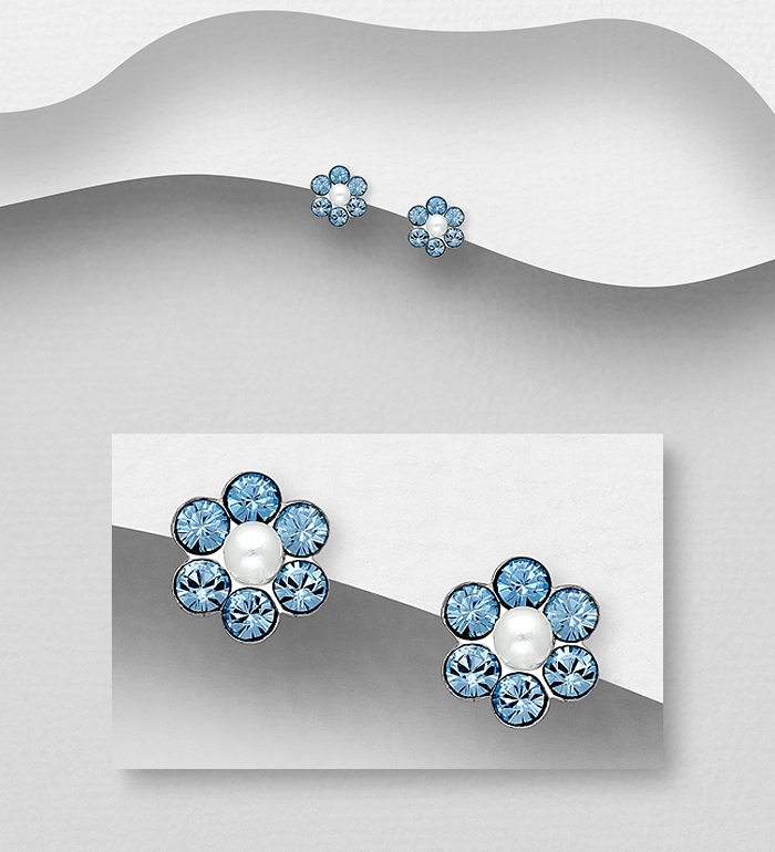 Wholesale 925 Sterling Silver Push-Back Earrings, Decorated with Crystal Glass and Simulated Pearls - SKU #1068-2018
