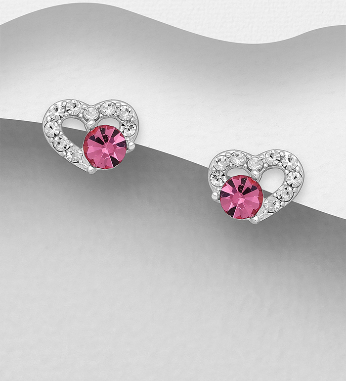 Wholesale 925 Sterling Silver Heart Push-Back Earrings, Decorated with Crystal Glass - SKU #578-2826