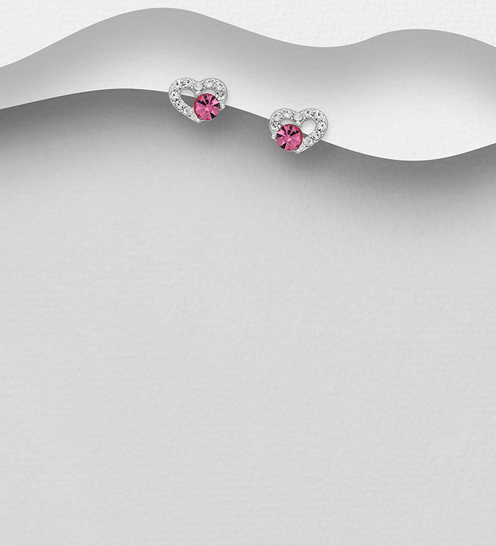 Wholesale 925 Sterling Silver Heart Push-Back Earrings, Decorated with Crystal Glass - SKU #578-2826