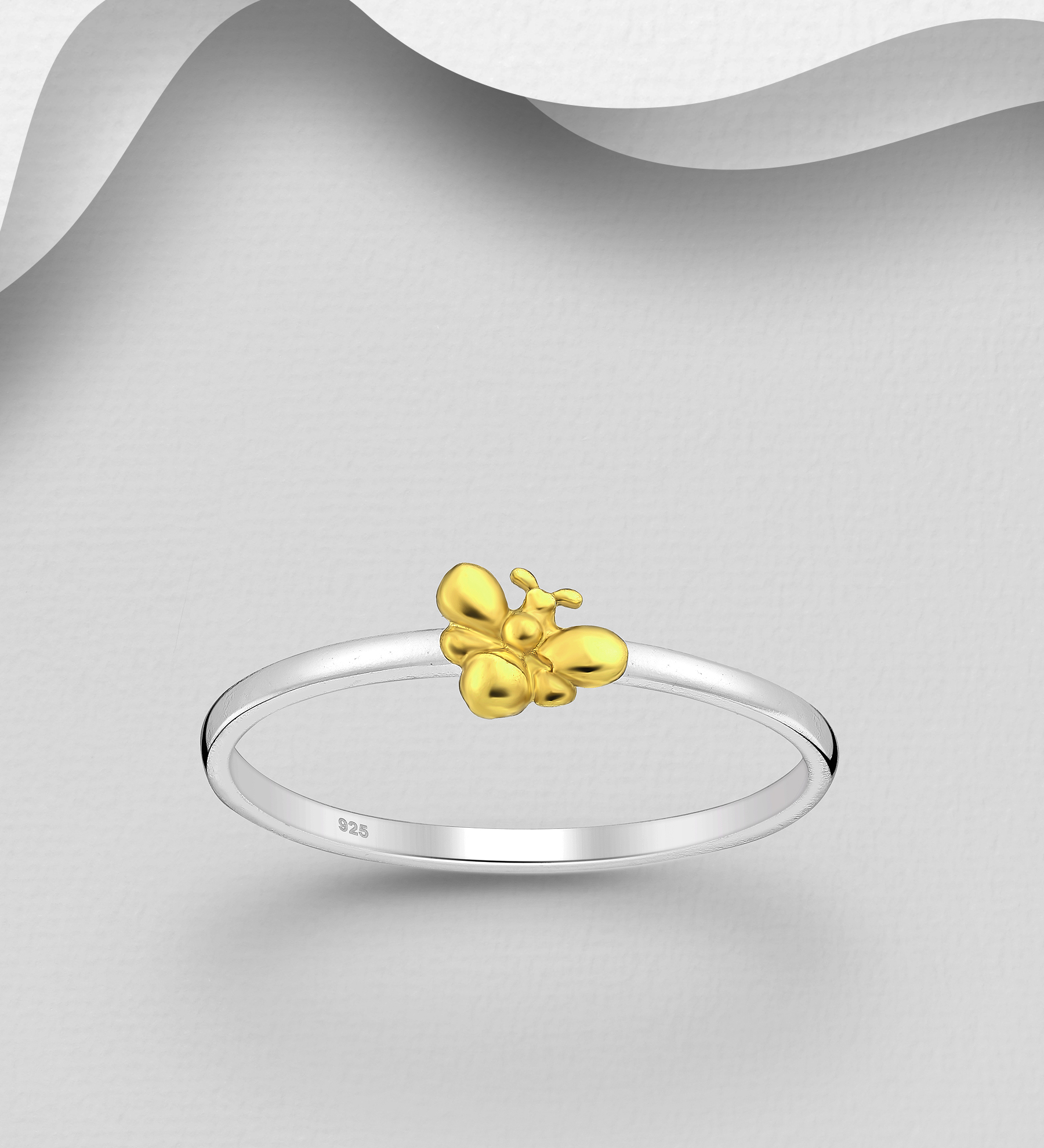 Wholesale 925 Sterling Silver Bee Ring, Bee is Plated with 1 Micron 18K Yellow Gold - SKU #1063-3757
