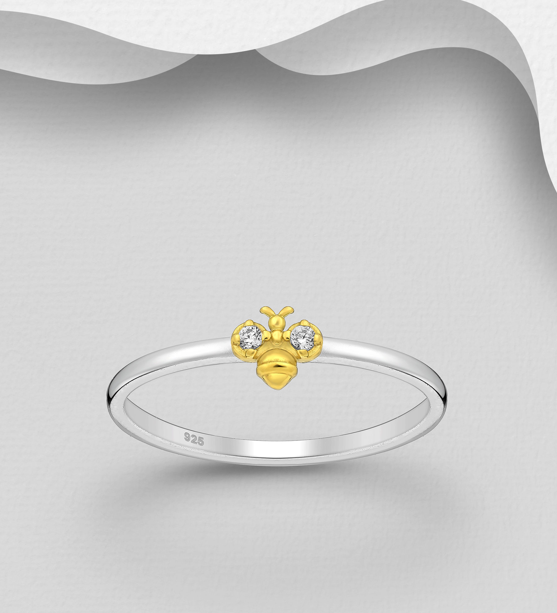Wholesale 925 Sterling Silver Bee Ring, Decorated with CZ Simulated Diamonds, Bee is Plated with 1 Micron 18K Yellow Gold - SKU #1063-3759