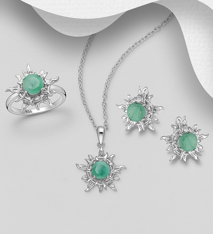 La Preciada - Wholesale 925 Sterling Silver Omega Lock Earrings, Ring and Pendant Jewelry Set, Decorated with Various Gemstones - SKU #1181-4554