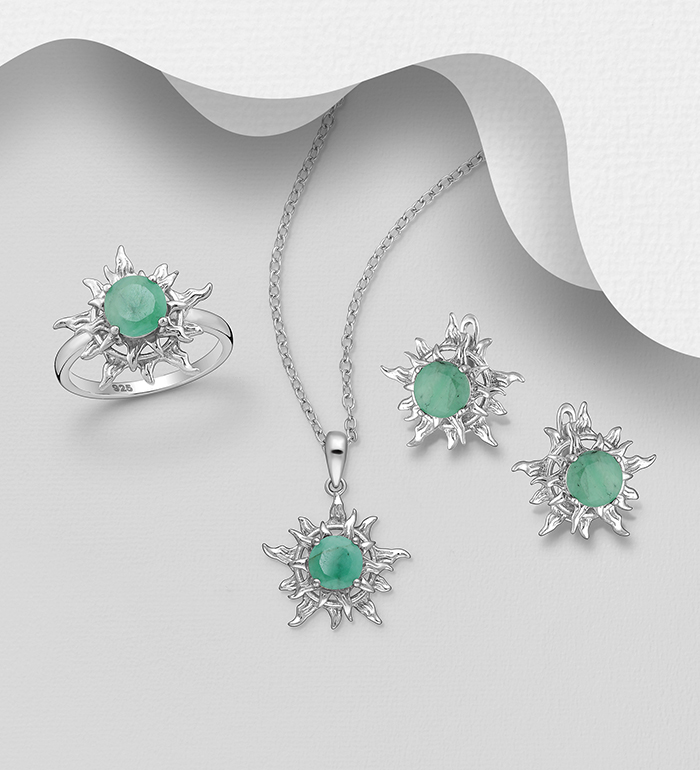 La Preciada - Wholesale 925 Sterling Silver Omega Lock Earrings, Ring and Pendant Jewelry Set, Decorated with Various Gemstones - SKU #1181-4554