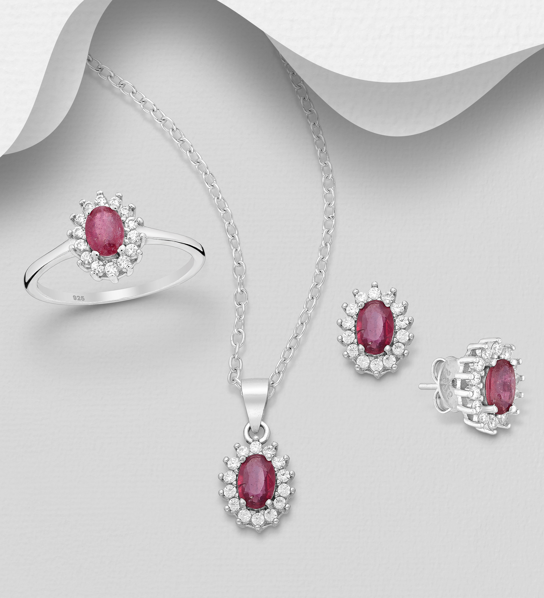 La Preciada - Wholesale 925 Sterling Silver Oval Omega Lock Earrings, Ring and Pendant Jewelry Set, Decorated with Various Gemstones and CZ Simulated Diamonds - SKU #1181-4559