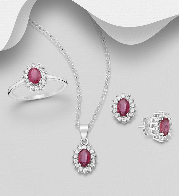 La Preciada - Wholesale 925 Sterling Silver Oval Omega Lock Earrings, Ring and Pendant Jewelry Set, Decorated with Various Gemstones and CZ Simulated Diamonds - SKU #1181-4559