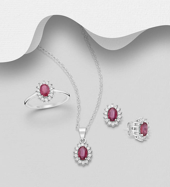 La Preciada - Wholesale 925 Sterling Silver Oval Omega Lock Earrings, Ring and Pendant Jewelry Set, Decorated with Various Gemstones and CZ Simulated Diamonds - SKU #1181-4559