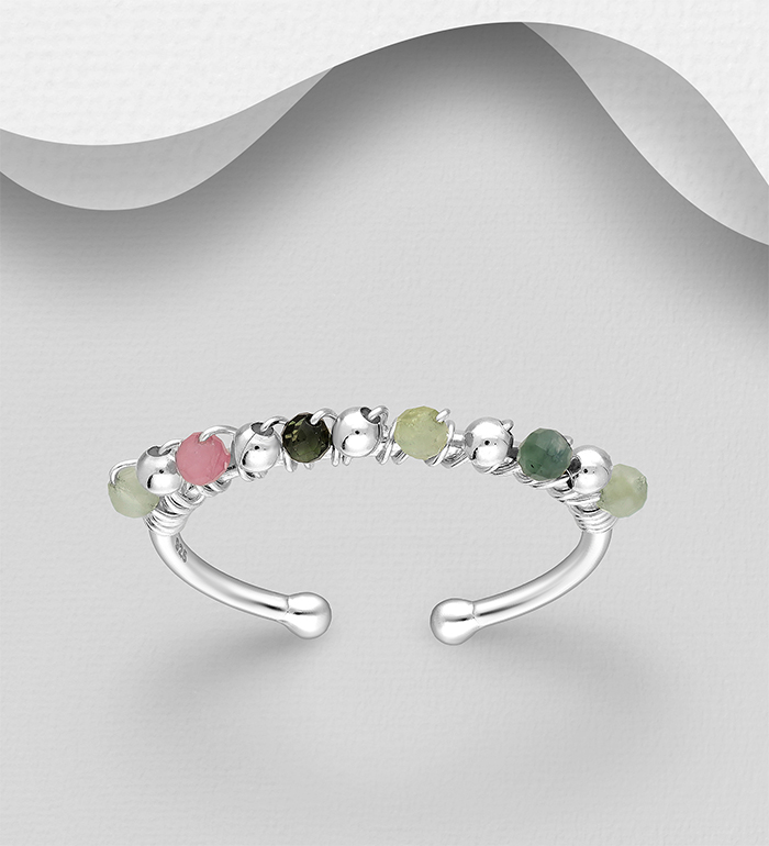 Wholesale 925 Sterling Silver Adjustable Ring, Beaded with Various Gemstone Beads - SKU #781-7088