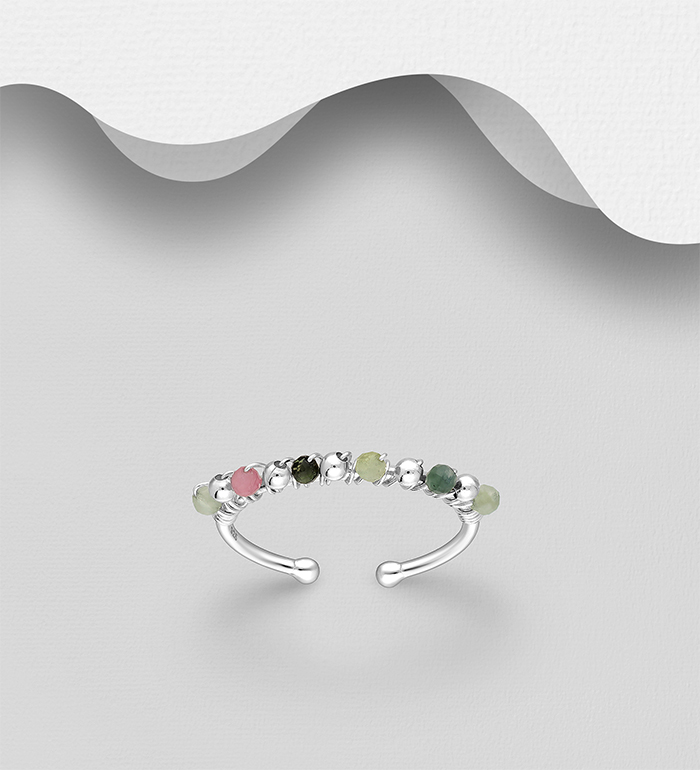 Wholesale 925 Sterling Silver Adjustable Ring, Beaded with Various Gemstone Beads - SKU #781-7088