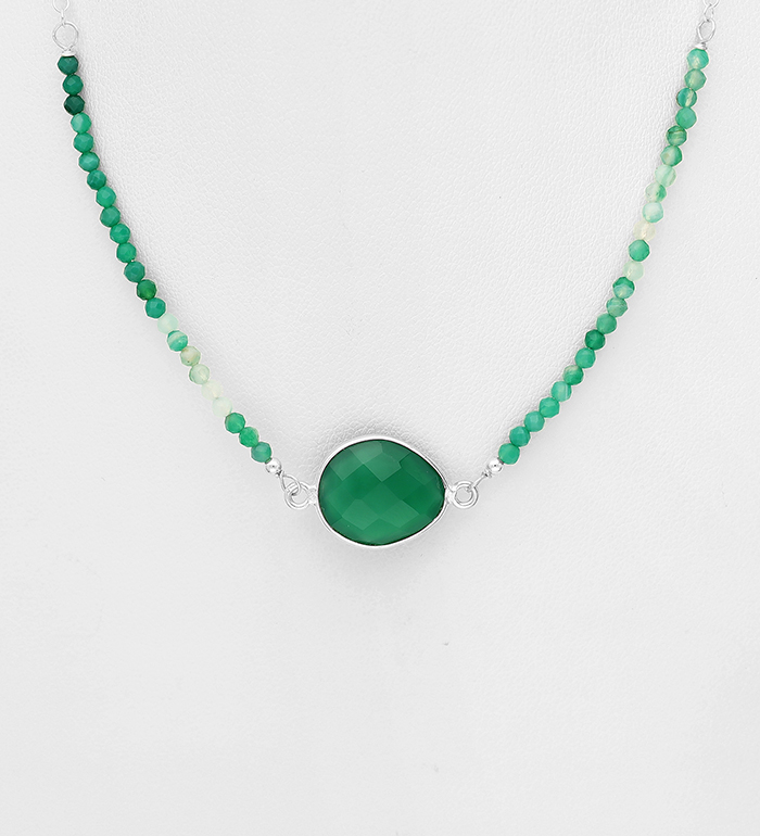 Wholesale 925 Sterling Silver Droplet Necklace, Decorated with Green Onyx - SKU #781-7095