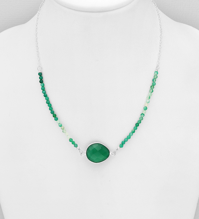Wholesale 925 Sterling Silver Droplet Necklace, Decorated with Green Onyx - SKU #781-7095
