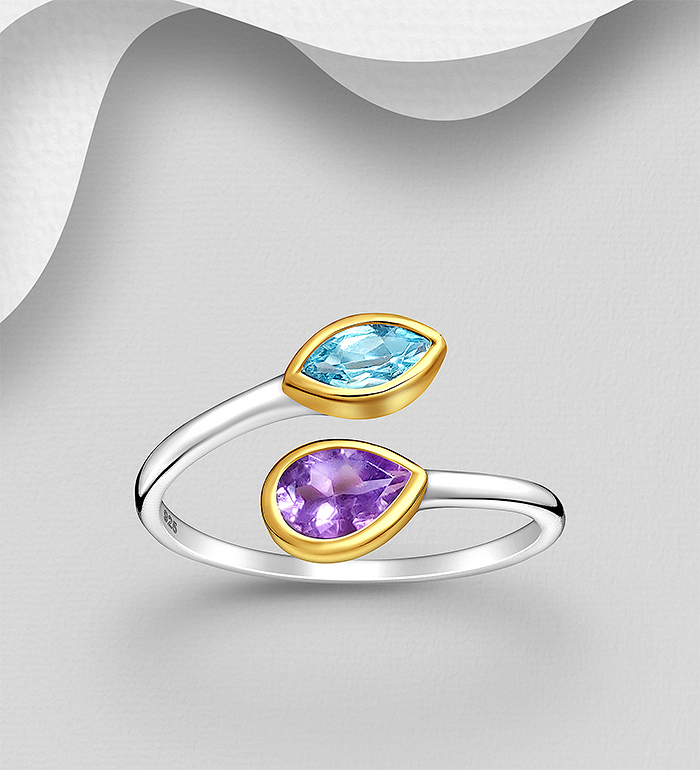 La Preciada - Wholesale 925 Sterling Silver Adjustable Ring, Decorated with Amethyst and Swiss Blue Topaz, Plating with 1 Micron 18K Yellow Gold - SKU #1063-3813