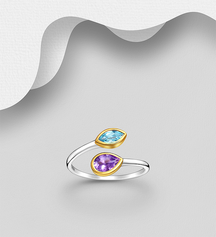 La Preciada - Wholesale 925 Sterling Silver Adjustable Ring, Decorated with Amethyst and Swiss Blue Topaz, Plating with 1 Micron 18K Yellow Gold - SKU #1063-3813