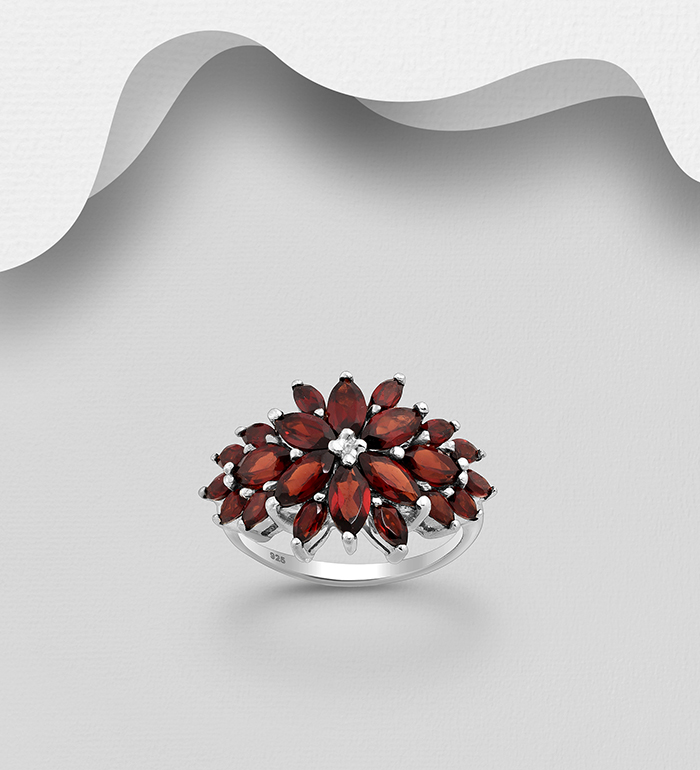 La Preciada - Wholesale 925 Sterling Silver Flower Ring, Decorated with Garnet - SKU #1181-4590