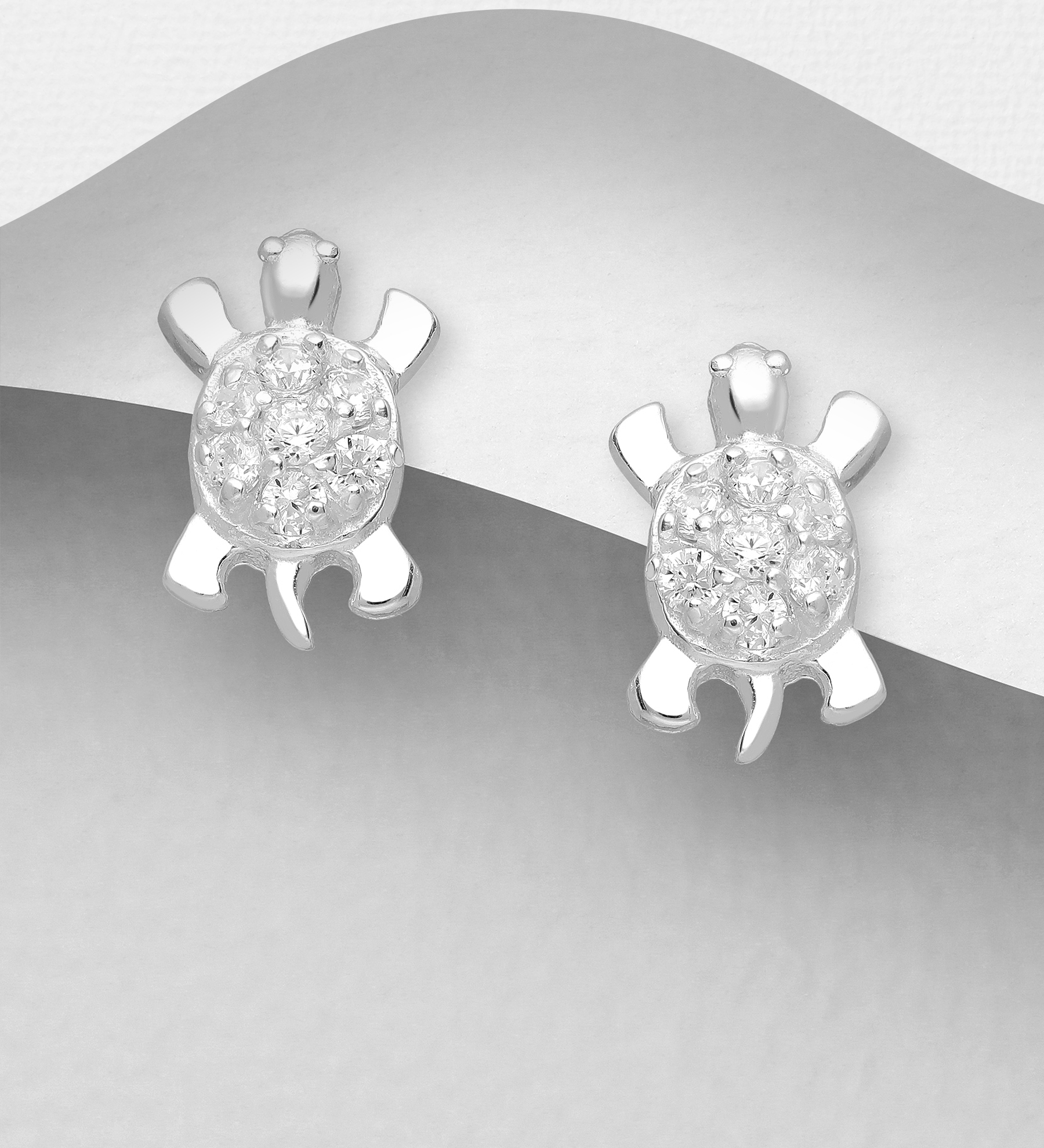 Wholesale 925 Sterling Silver Turtle Push-Back Earrings, Decorated with CZ Simulated Diamonds - SKU #701-26947