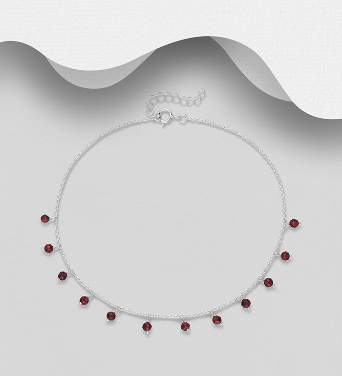 Wholesale 925 Sterling Silver Anklet, Beaded with Various Gemstone Beads - SKU #1562-454