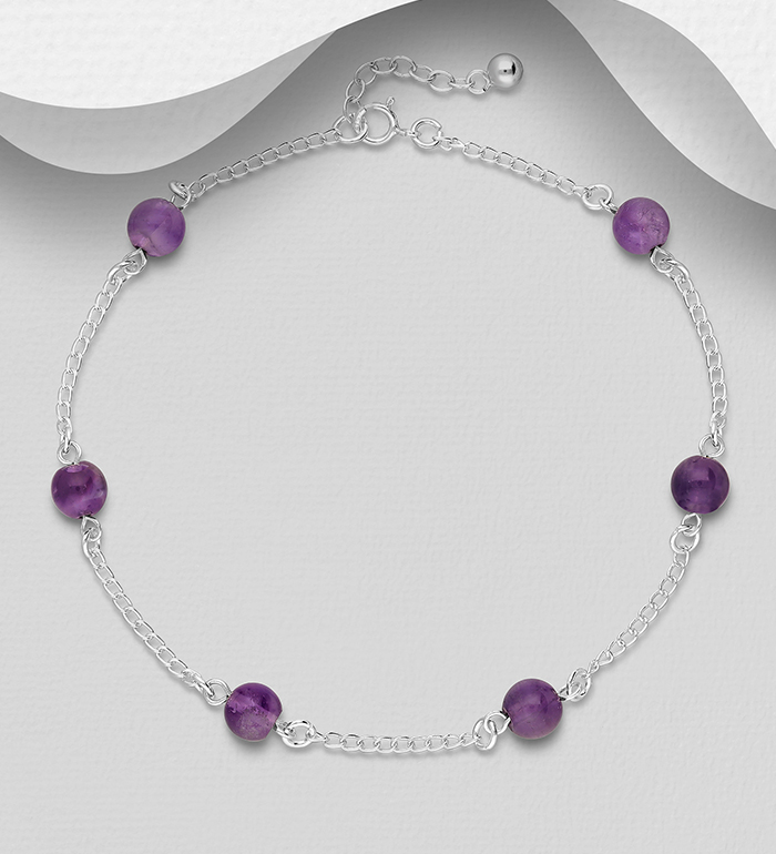 Wholesale 925 Sterling Silver Anklet, Beaded with Gemstone Beads - SKU #1562-456