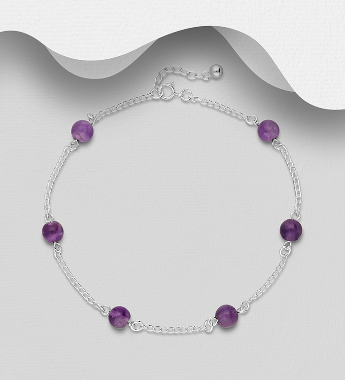 Wholesale 925 Sterling Silver Anklet, Beaded with Gemstone Beads - SKU #1562-456