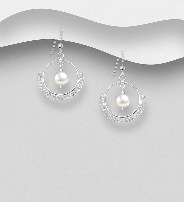 Wholesale 925 Sterling Silver Hook Earrings, Beaded with Freshwater Pearls - SKU #382-5926