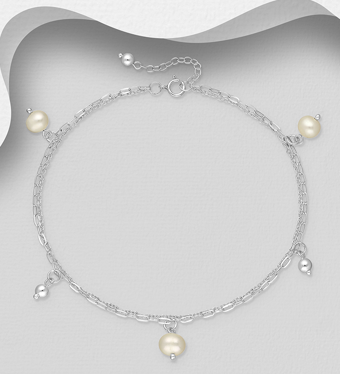 Wholesale 925 Sterling Silver Anklet, Beaded with Freshwater Pearls - SKU #1562-463