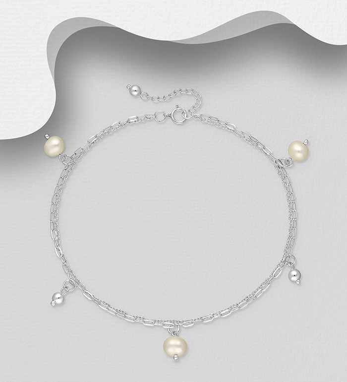 Wholesale 925 Sterling Silver Anklet, Beaded with Freshwater Pearls - SKU #1562-463