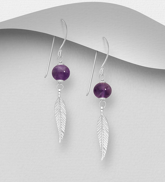 Wholesale 925 Sterling Silver Feather Hook Earrings, Beaded with Various Gemstone Beads or Reconstructed Stone - SKU #781-7166