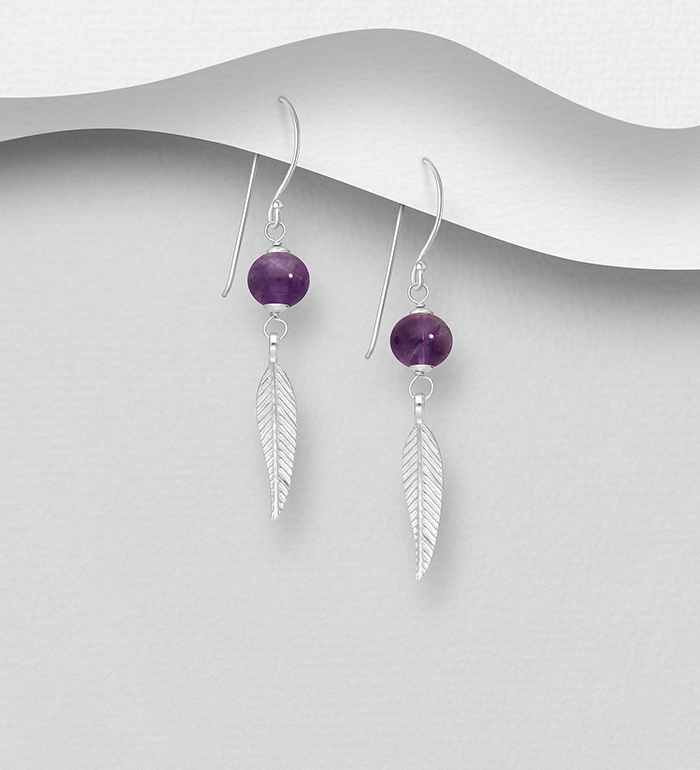 Wholesale 925 Sterling Silver Feather Hook Earrings, Beaded with Various Gemstone Beads or Reconstructed Stone - SKU #781-7166