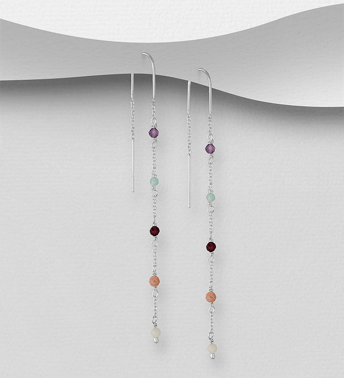 Wholesale 925 Sterling Silver Threader Earrings, Beaded with Amazonite, Amethyst, Garnet, Moonstone and Rhodonite - SKU #781-7170