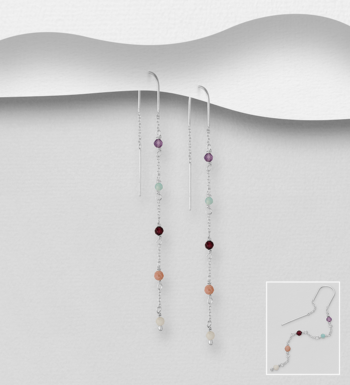 Wholesale 925 Sterling Silver Threader Earrings, Beaded with Amazonite, Amethyst, Garnet, Moonstone and Rhodonite - SKU #781-7170