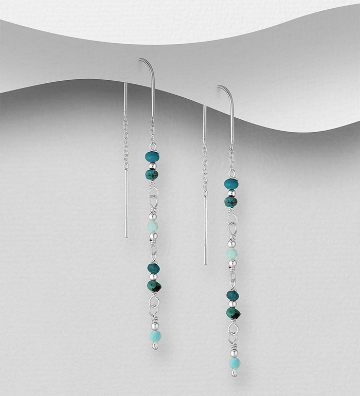 Wholesale 925 Sterling Silver Threader Earrings, Beaded with Amazonite and Turquoise - SKU #781-7171