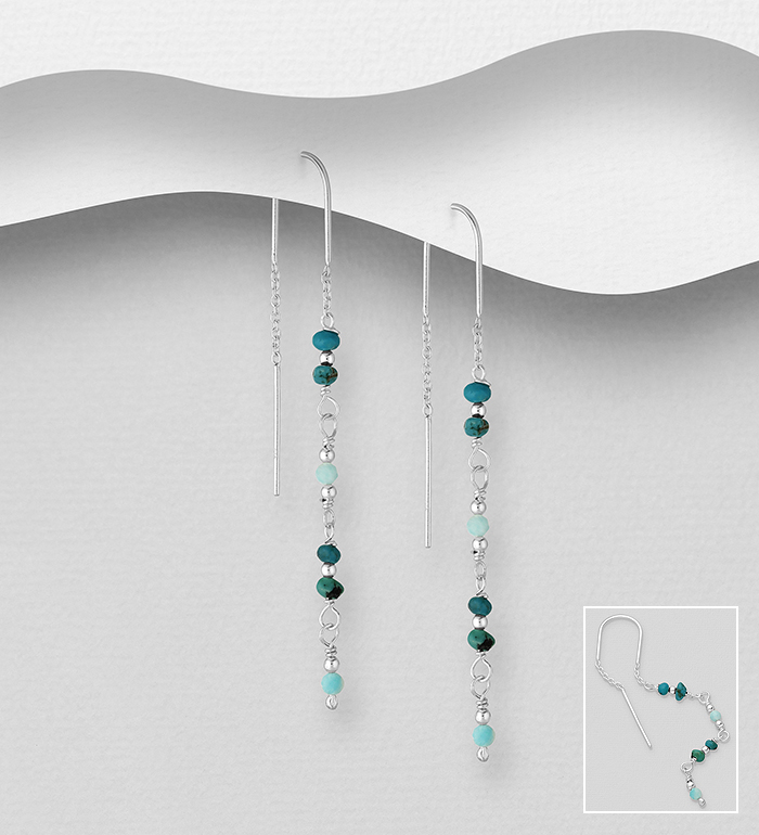 Wholesale 925 Sterling Silver Threader Earrings, Beaded with Amazonite and Turquoise - SKU #781-7171