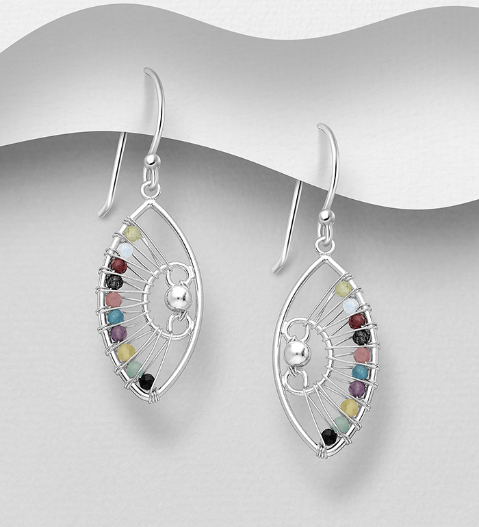 Wholesale 925 Sterling Silver Hook Earrings, Beaded with Amazonite, Amethyst, Black Agate, Blue Apitite, Garnet, Moonstone, Peridot, Pink Tourmaline, Rutilated Quartz and Yellow Opal - SKU #781-7173