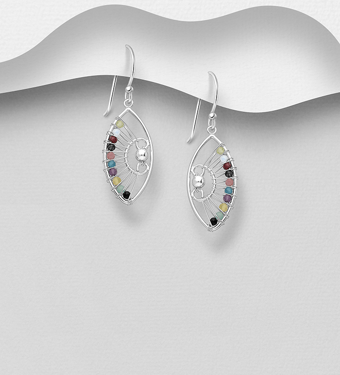 Wholesale 925 Sterling Silver Hook Earrings, Beaded with Amazonite, Amethyst, Black Agate, Blue Apitite, Garnet, Moonstone, Peridot, Pink Tourmaline, Rutilated Quartz and Yellow Opal - SKU #781-7173