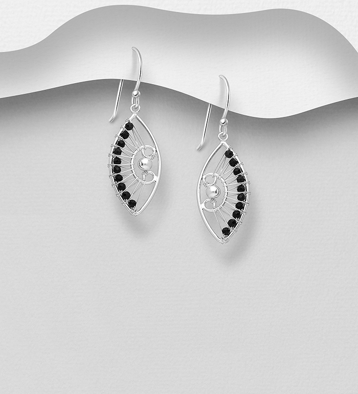 Wholesale 925 Sterling Silver Hook Earrings, Beaded with Black Agate - SKU #781-7173B