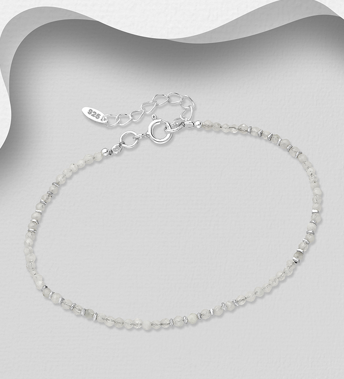 Wholesale 925 Sterling Silver Adjustable Bracelet, Beaded with Rainbow Moonstone - SKU #781-7176