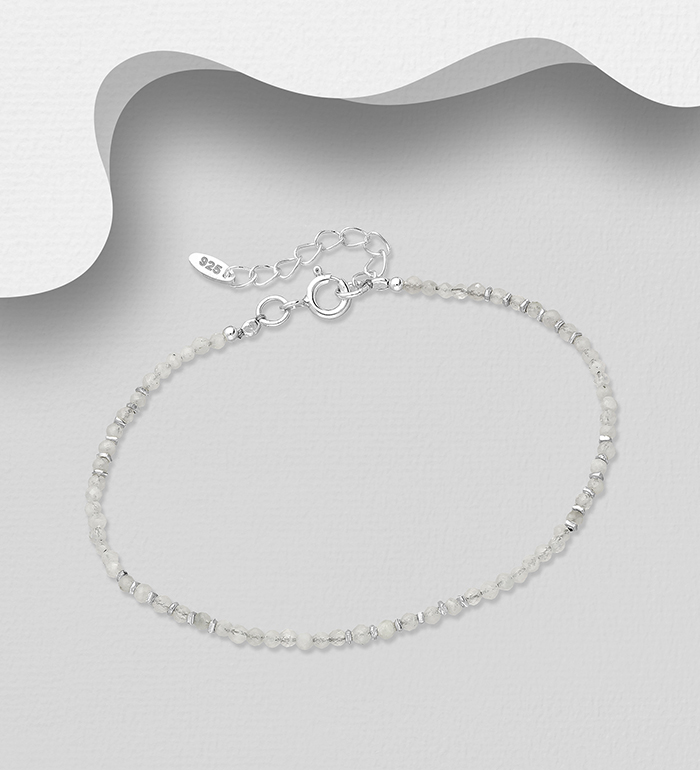 Wholesale 925 Sterling Silver Adjustable Bracelet, Beaded with Rainbow Moonstone - SKU #781-7176