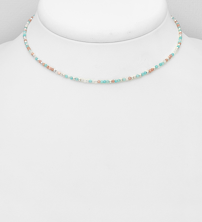 781-7178 - Wholesale 925 Sterling Silver Choker, Beaded with Amazonite, Moonstone and Rhodonite