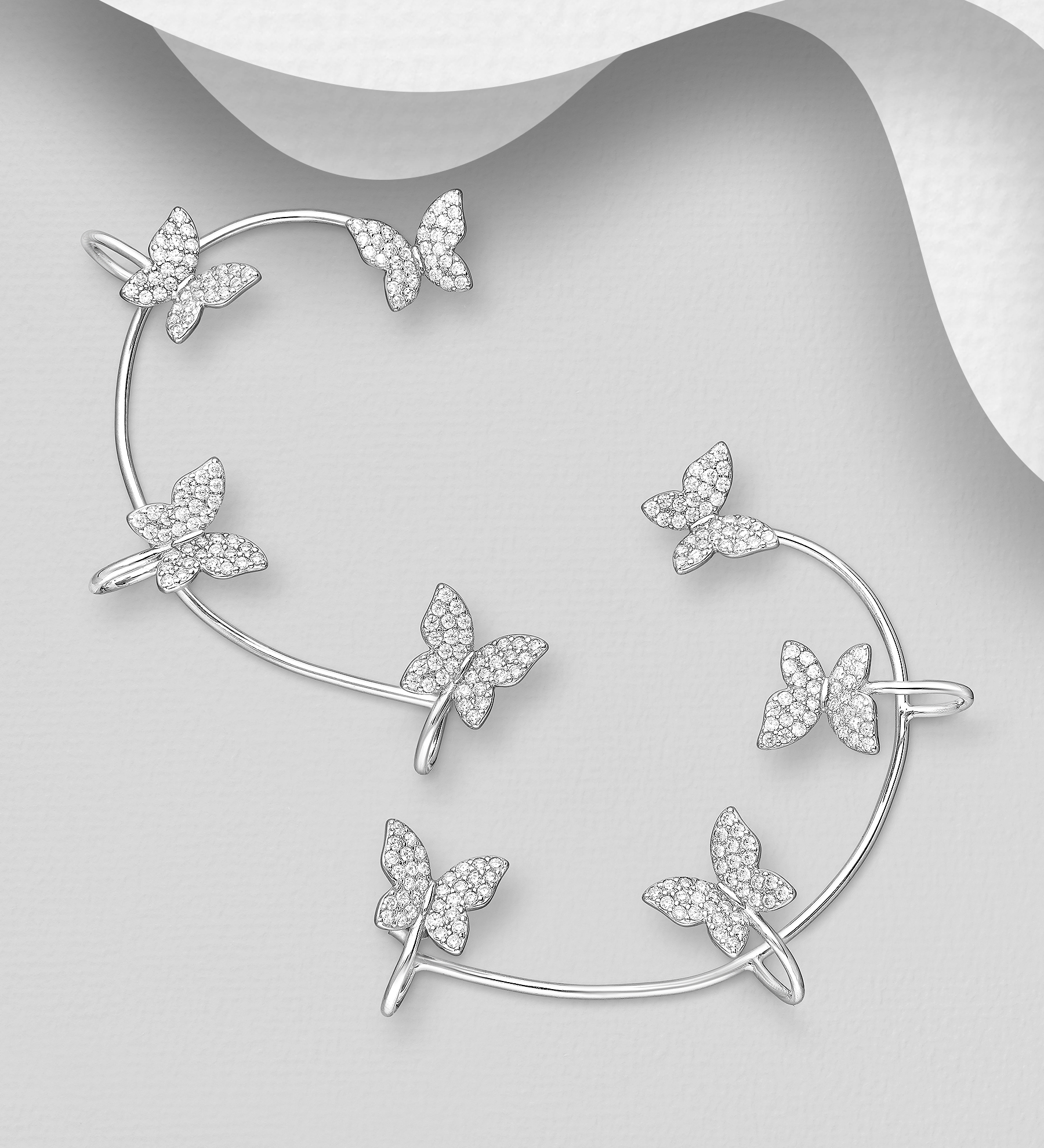 Wholesale 925 Sterling Silver Butterfly Push-Back / Ear Cuffs Earrings, Decorated with CZ Simulated Diamonds - SKU #701-27176