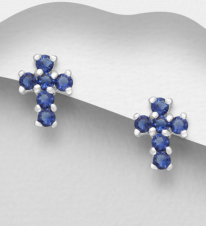 Wholesale 925 Sterling Silver Cross Push-Back Earrings, Decorated with Various Color CZ Simulated Diamonds - SKU #701-27204