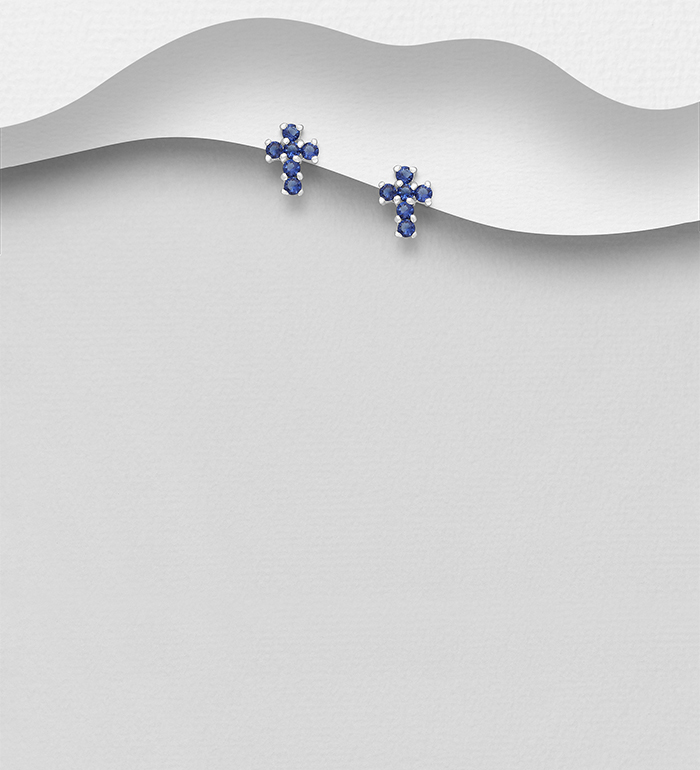 Wholesale 925 Sterling Silver Cross Push-Back Earrings, Decorated with Various Color CZ Simulated Diamonds - SKU #701-27204